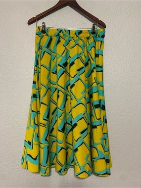 Vibrant Yellow & Teal Geometric Midi Skirt